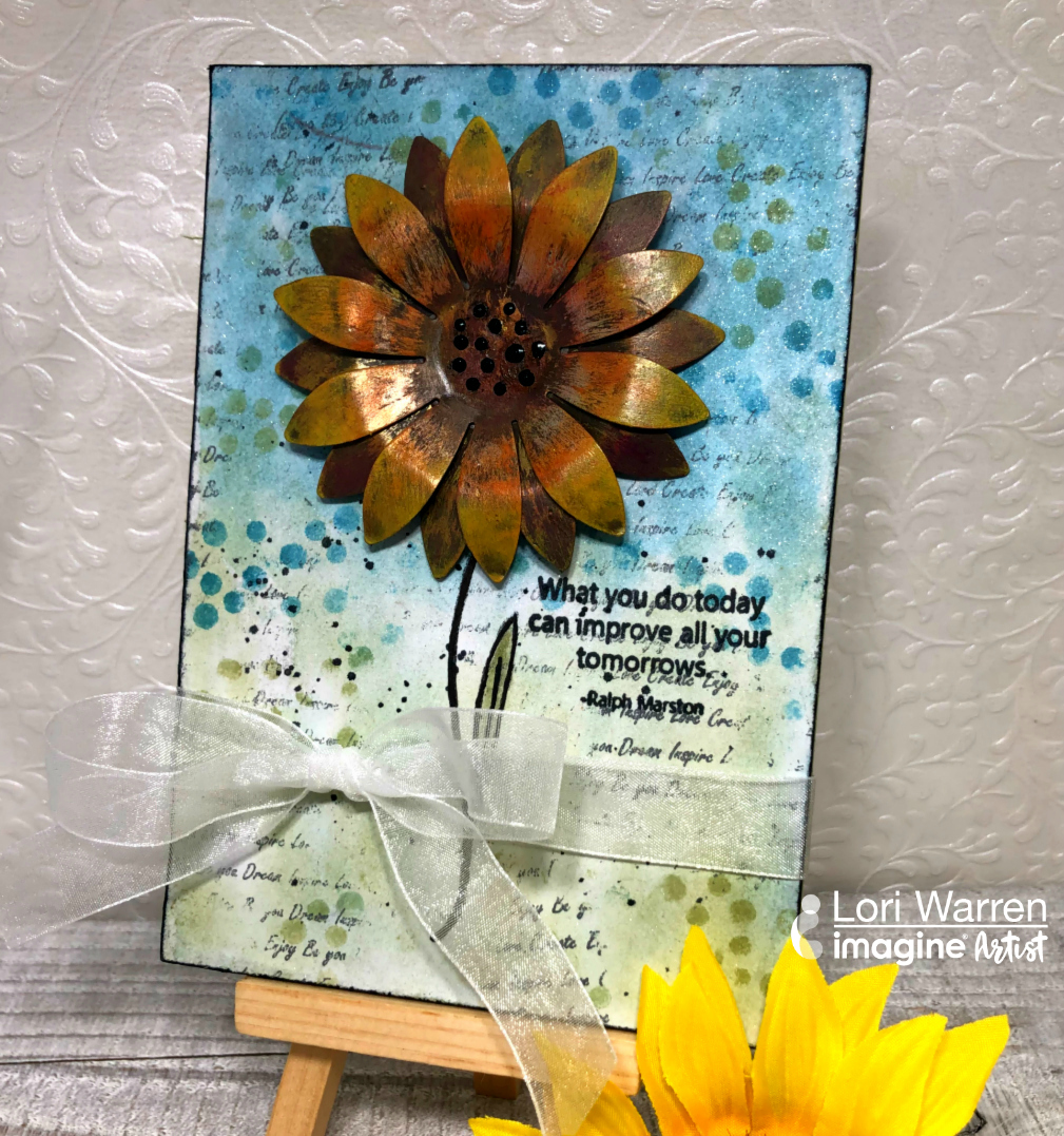 Handmade mixed media canvas featuring a 3D sunflower colored with StazOn Pigment Ink.